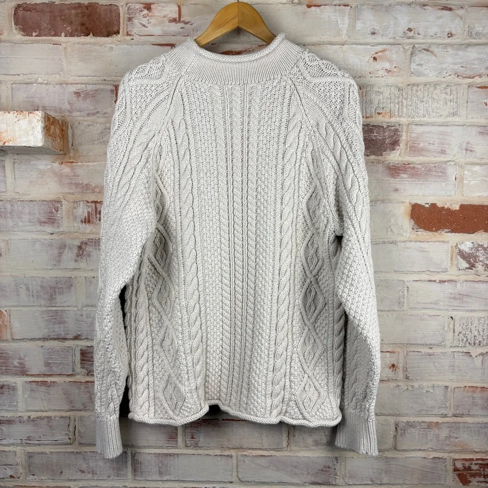 J.Crew Always Oatmeal Cotton Cable Knit Fisherman Sweater Chunky Mock Neck L